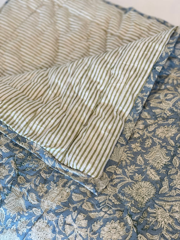 Block Printed Quilt - Blue Floral/Sage Stripe