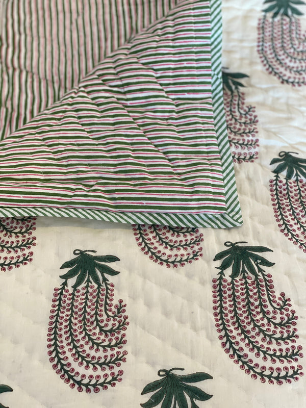 Block Printed Quilt - Green/Pink Fern/Stripe