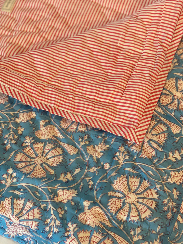 Block Printed Quilt - Blue/Red Floral/Stripe