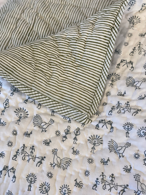 Block Printed Baby Quilt - Grey Farm w Green stripe