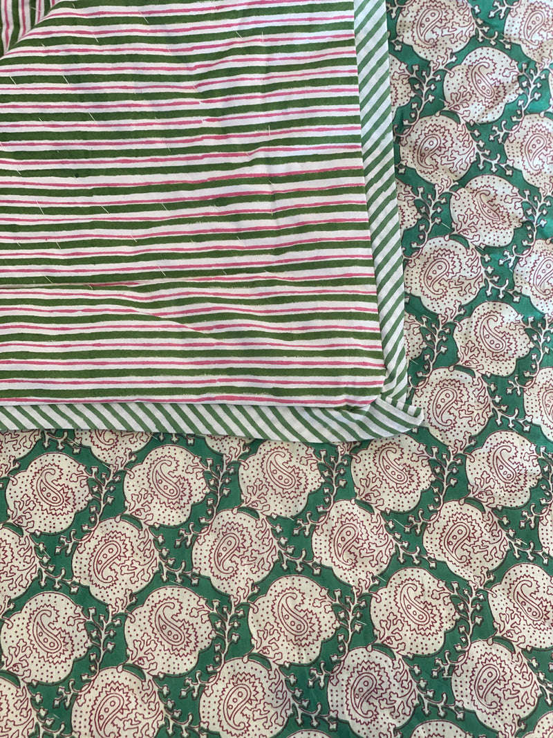 Block Printed Quilt  Green/Pink Paisley/Stripe