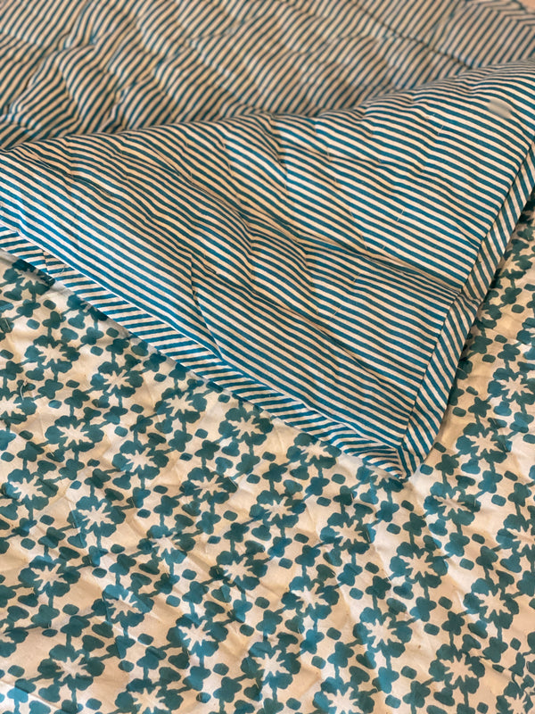 Block Printed Quilt - Teal Starburst/Stripe