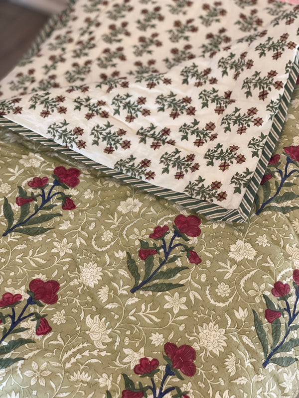 Block Printed Quilt - Green Floral/Red Motif