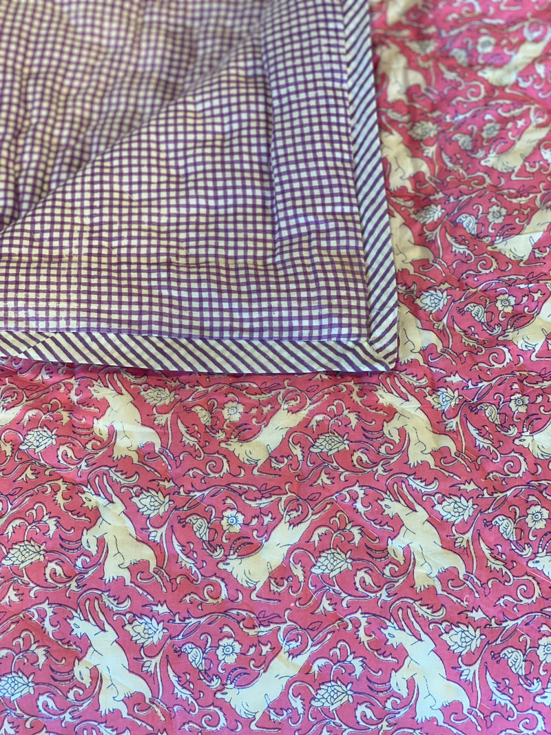 Block Printed Quilt - Pink Deer/Lilac Gingham