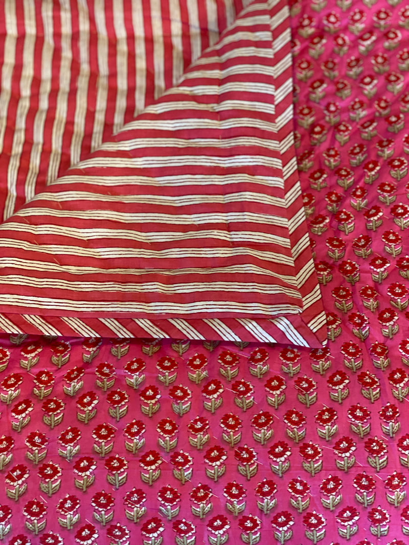 Block Printed Quilt - Pink/Red Ditzy/Stripe