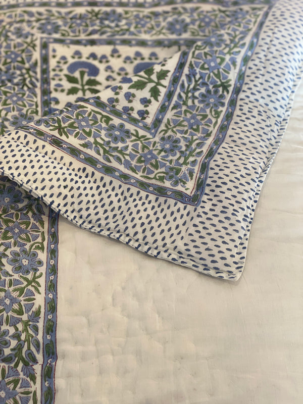 Block Printed Quilt - Blue Lilac/Green Floral