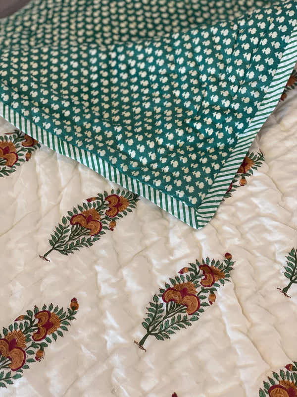 Block Printed Quilt - Mustard/Green Floral