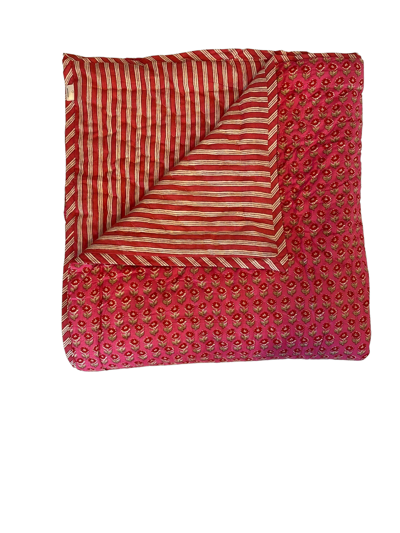 Block Printed Quilt - Pink/Red Ditzy/Stripe