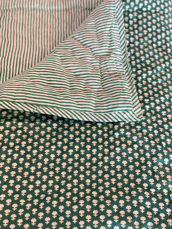 Block Printed Quilt - Green Floral/Stripe