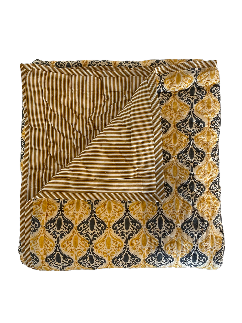 Block Printed Quilt - Mustard Motif/Stripe