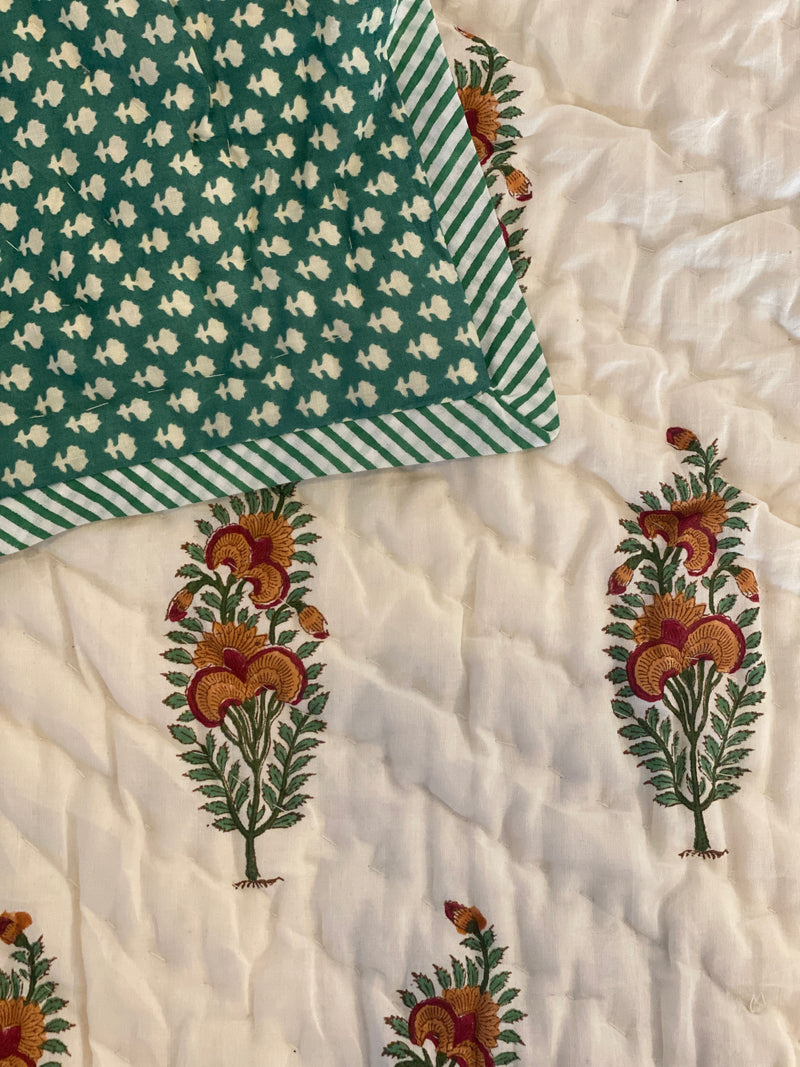 Block Printed Quilt - Mustard/Green Floral