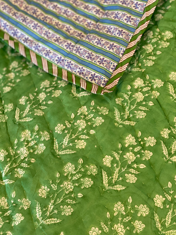 Block Print Quilt - Green Floral/Blue Trellis