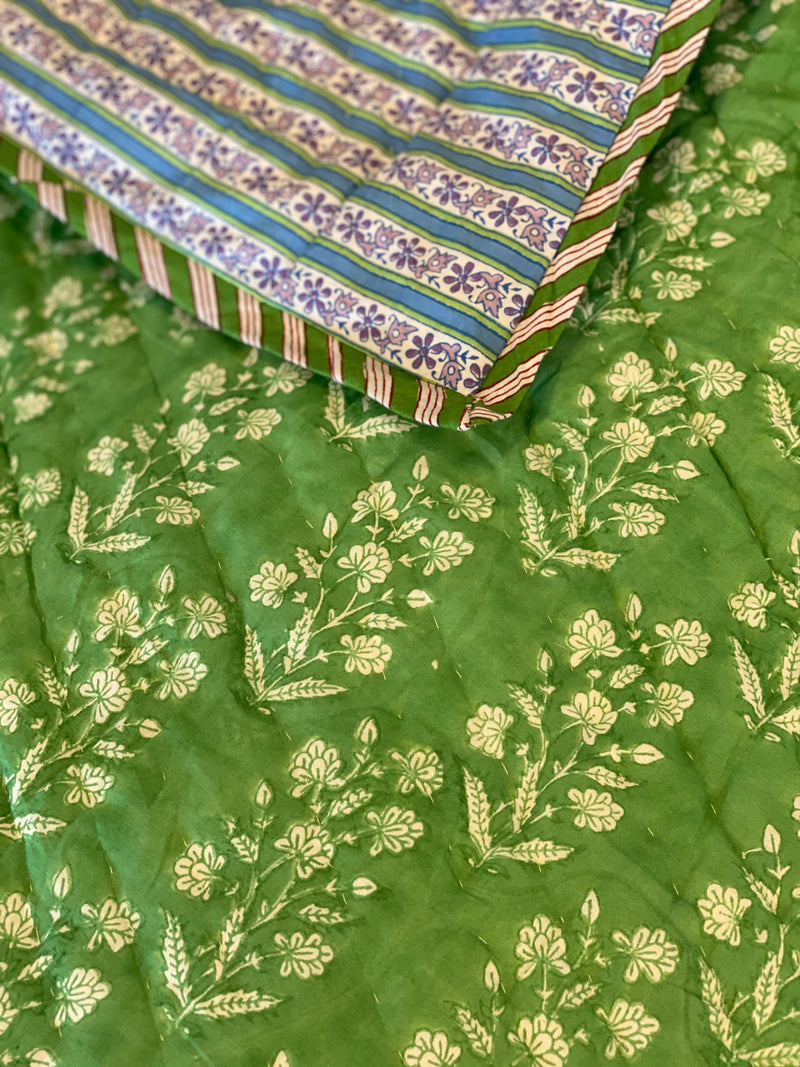 Block Print Quilt - Spring Green Floral/Purple Stripe