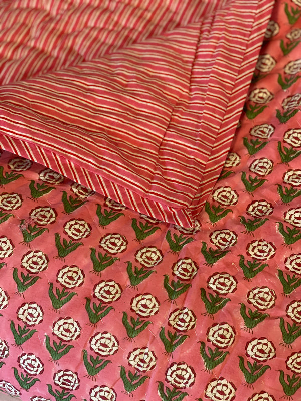 Block Printed Quilt - Pink Rose/Stripe