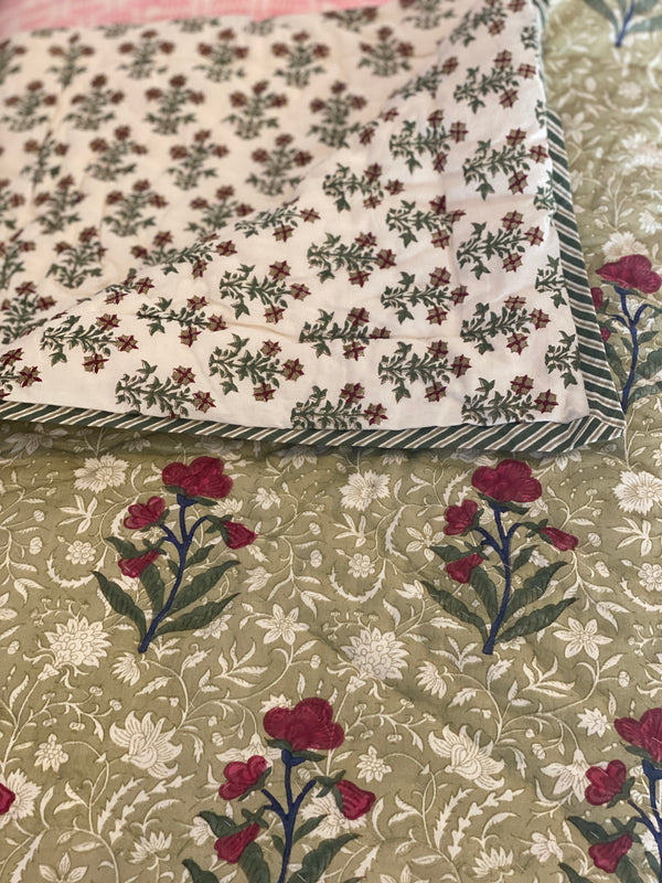 Block Printed Quilt - Green Floral/Red Motif
