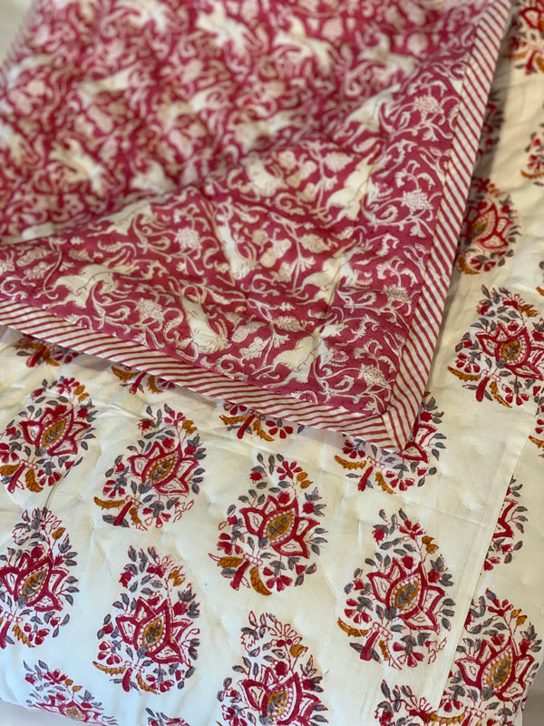 Block Printed Quilt - Pink/Mustard Motif