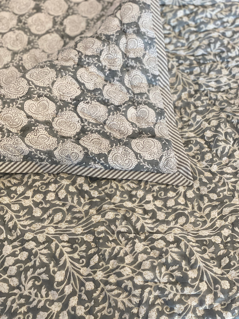 Block Printed Quilt - Grey Floral