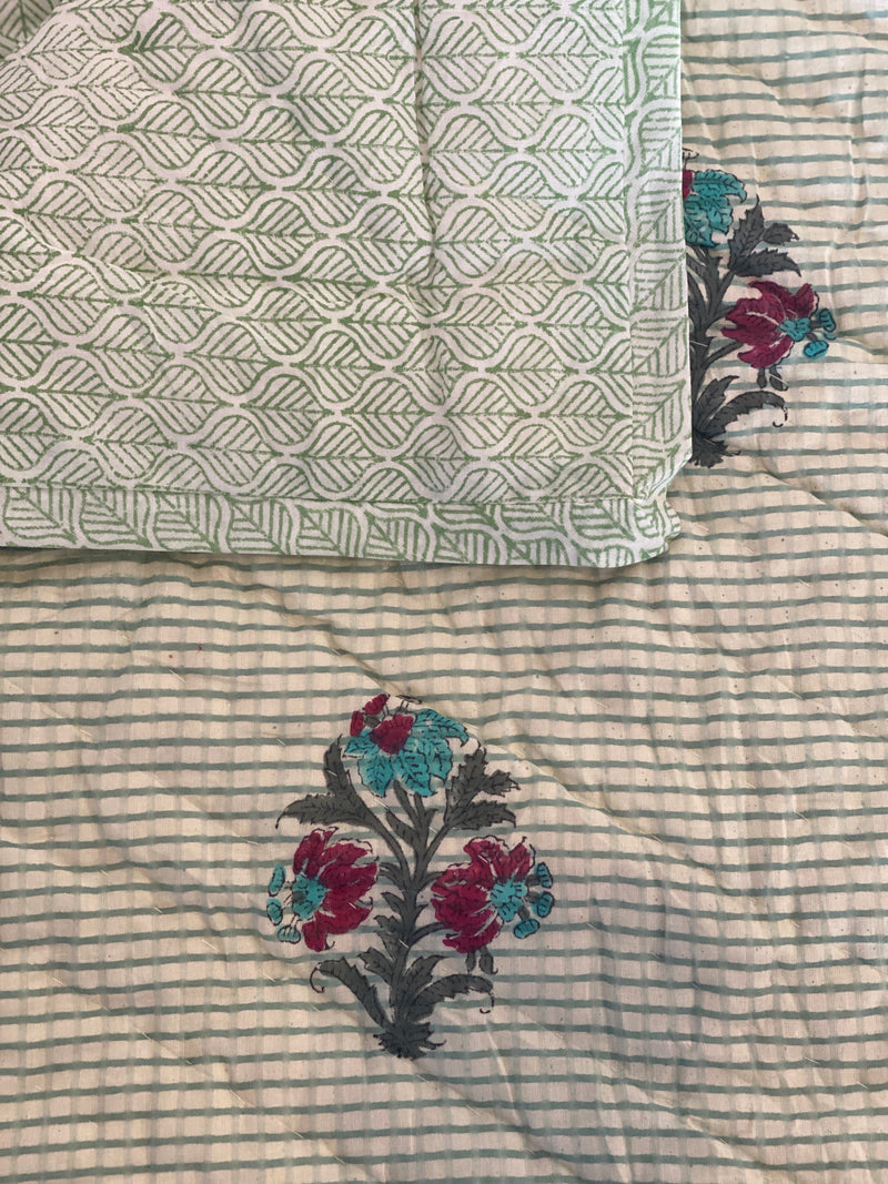 Block Printed Quilt - Green Check/Floral Motif