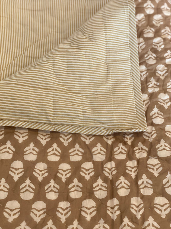 Block Printed Quilt - Caramel Floral/Stripe