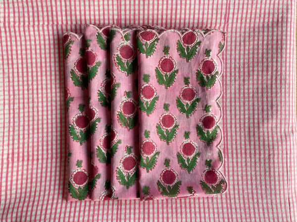 Block Print Scalloped Cotton Napkins - Pink/Red Floral