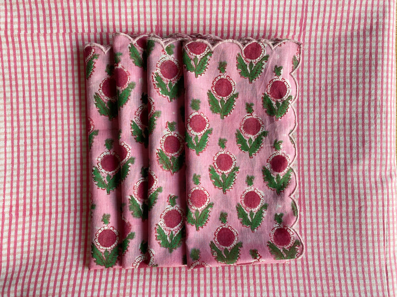 Block Print Scalloped Cotton Napkins - Pink/Red Floral