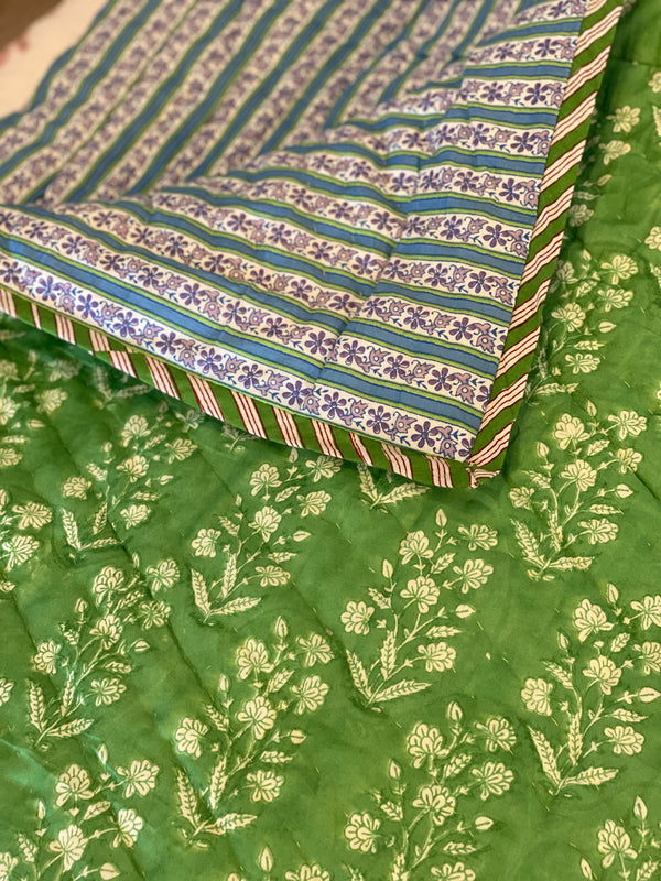 Block Print Quilt - Green Floral/Blue Trellis