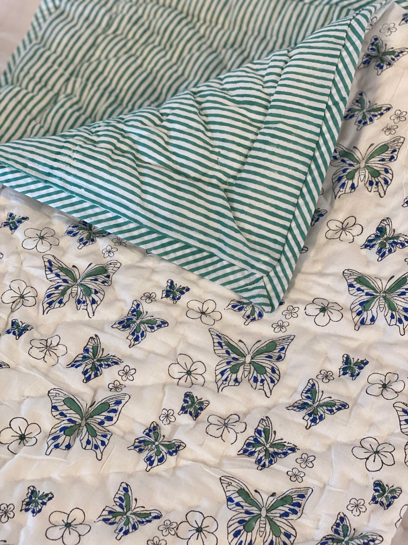 Block Printed Baby Quilt - Blue/Green Butterflies