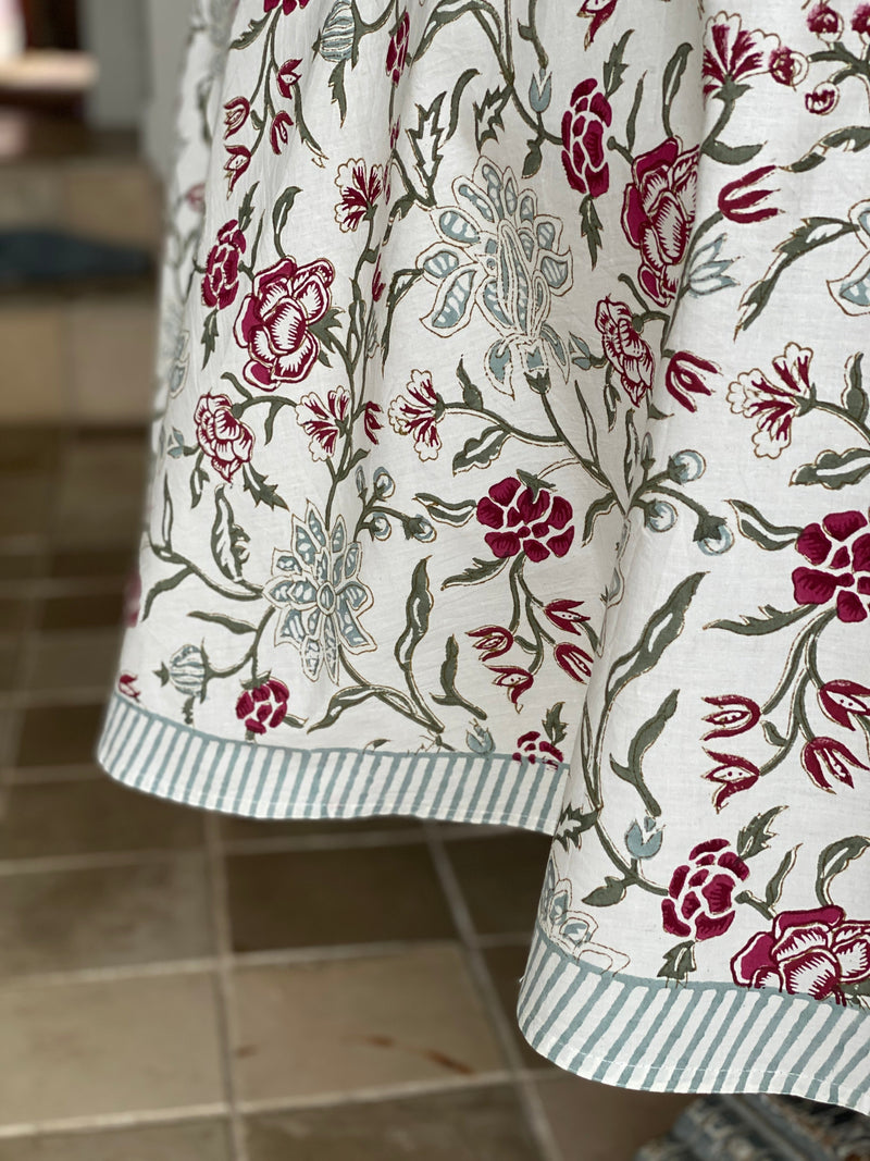 Block Printed Round Tablecloth - Green/Blue Bouquet 280cm