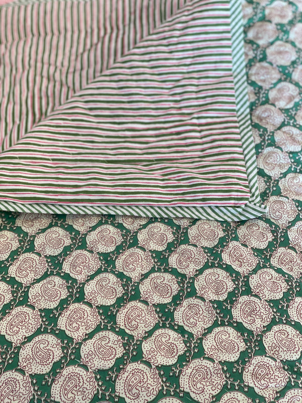 Block Printed Quilt  Green/Pink Paisley/Stripe