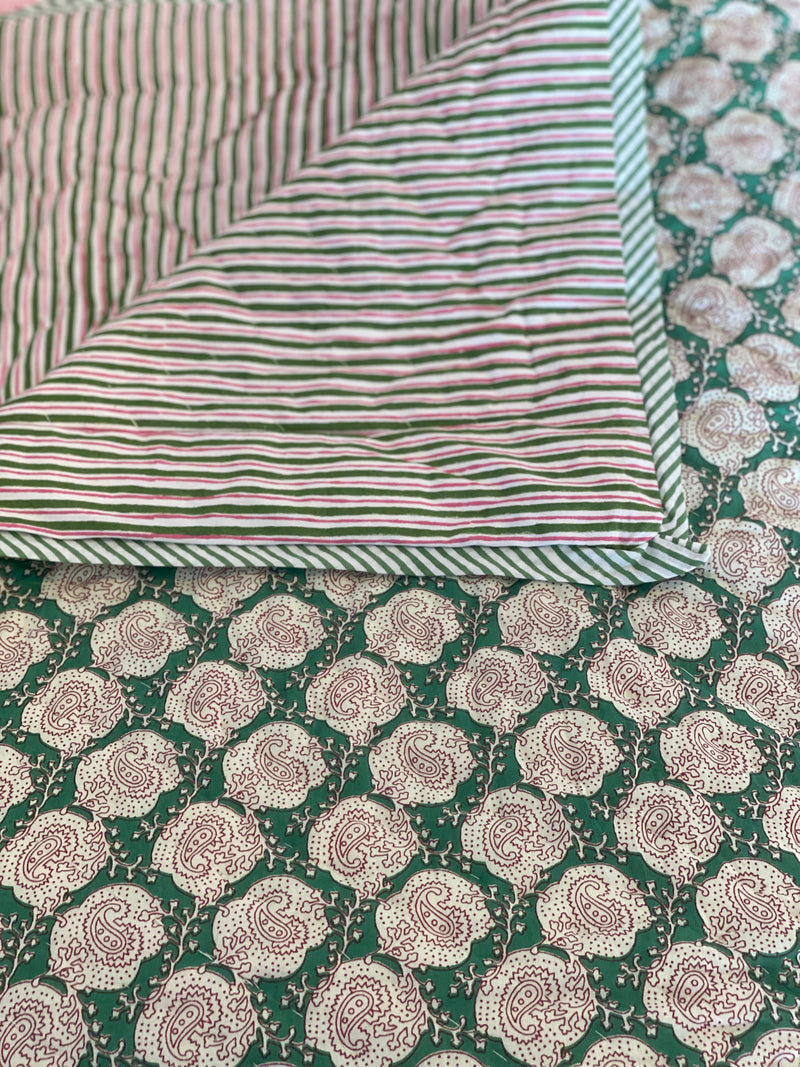 Block Printed Quilt  Green/Pink Paisley/Stripe