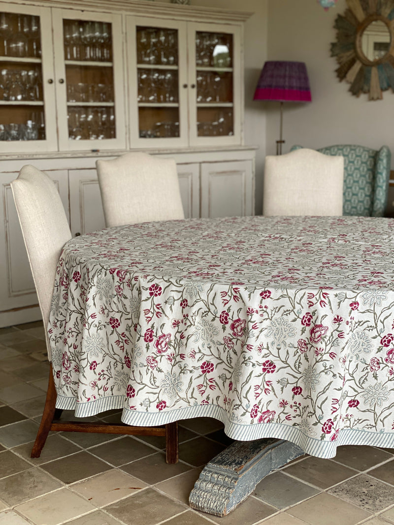 Block Printed Round Tablecloth - Burgundy Vine 280cm