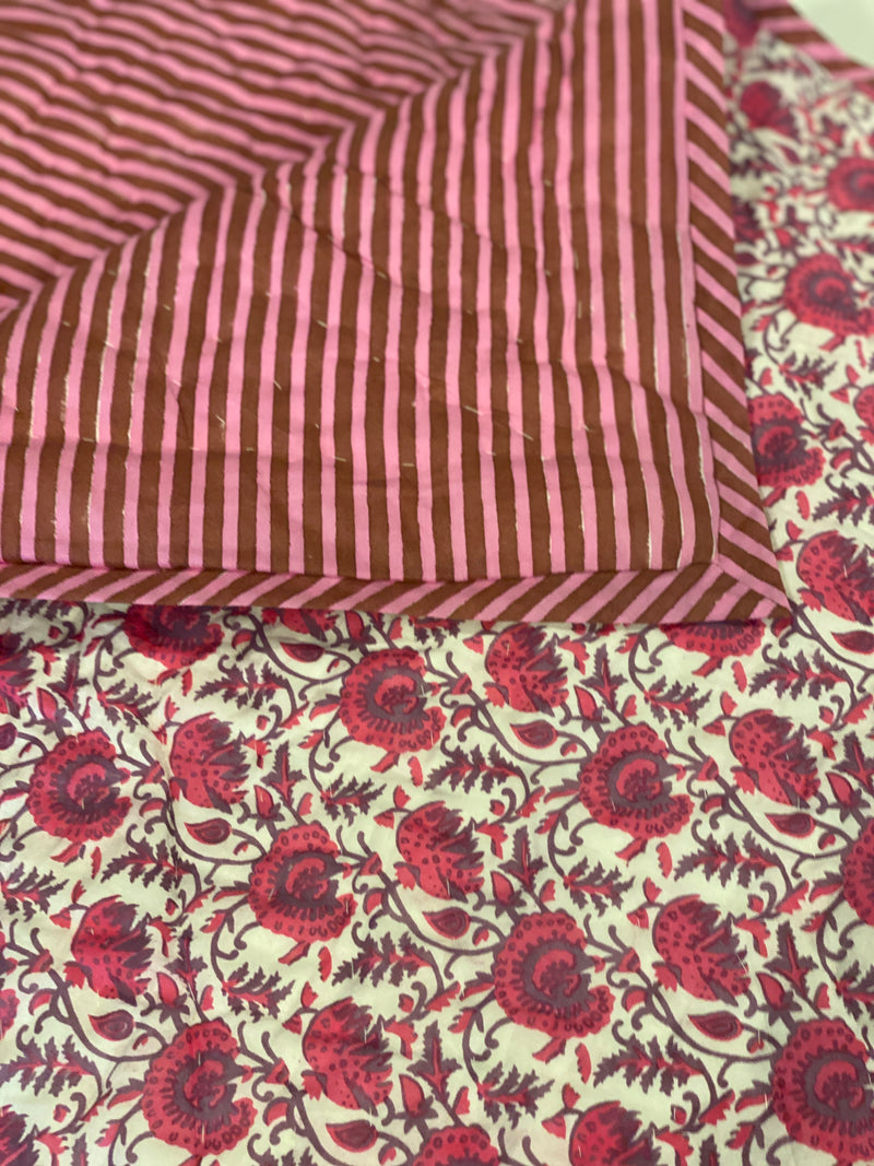 Block Printed Quilt - Pink & Purple Vine/Stripe