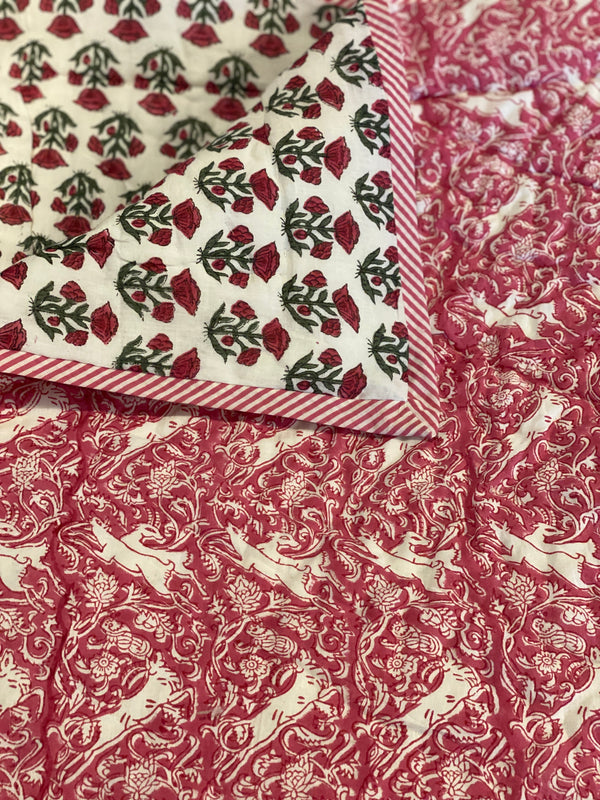 Block Printed Quilt - Pink Deer/Green Floral