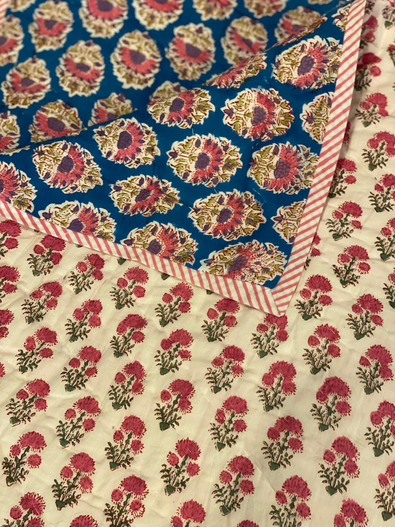 Block Printed Quilt - Pink Floral/Blue Motif