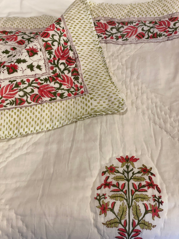 Block Printed Quilt - Pink/Green Motif