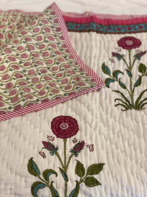 Block Printed Quilt - Burgundy/Green Motif