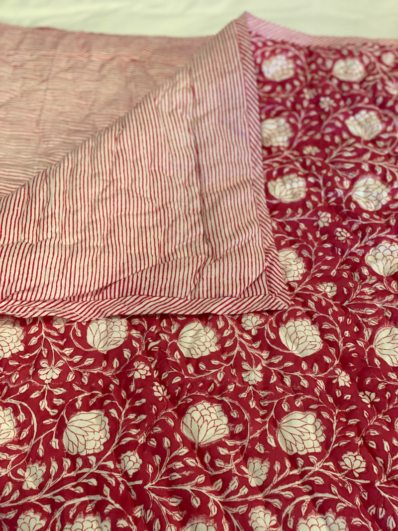 Block Print Quilt - Pink Rose/Stripe