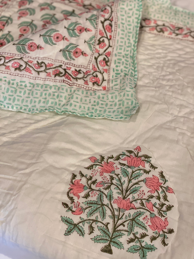 Block Printed Quilt - Pink/Mint Motif