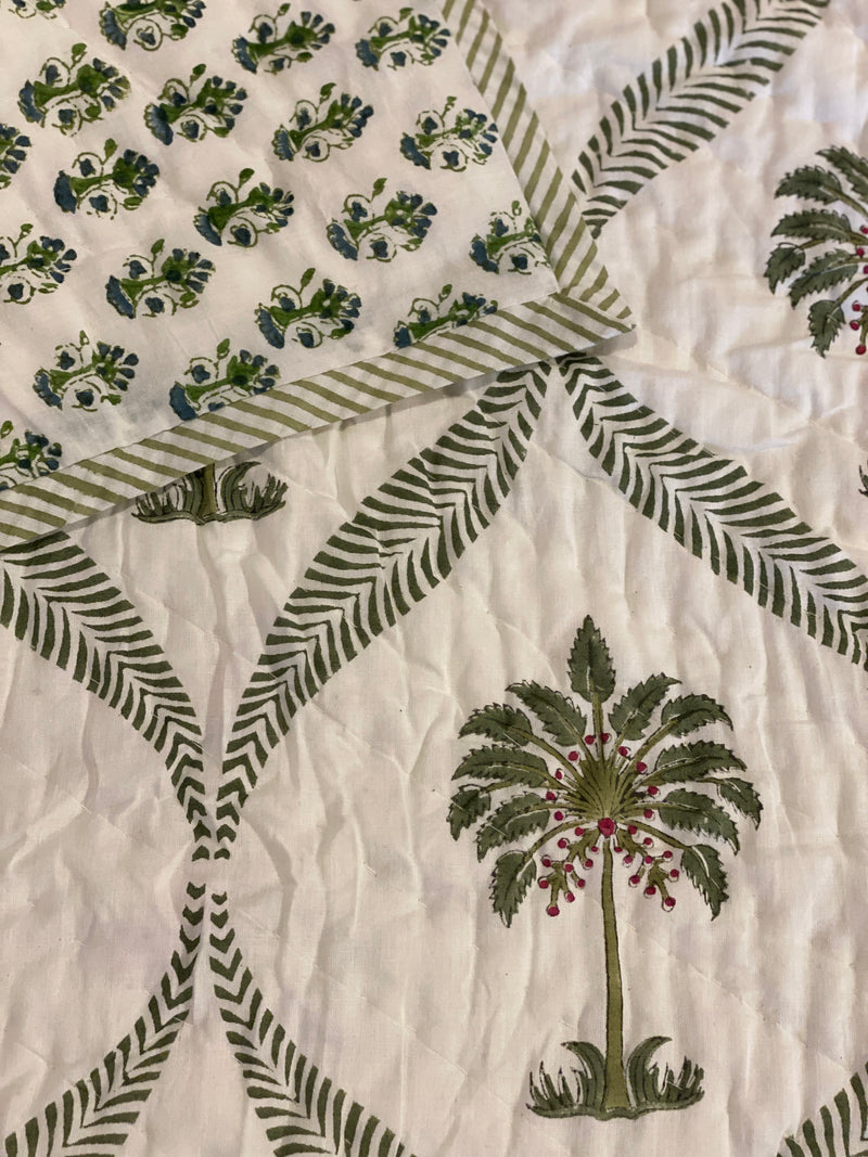 Block Printed Quilt - Green Palms