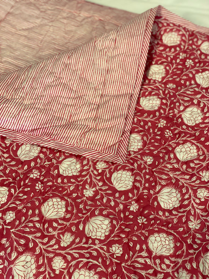 Block Print Quilt - Pink Rose/Stripe