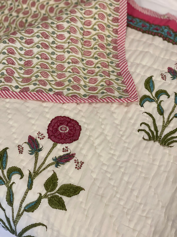 Block Printed Quilt - Burgundy/Green Motif