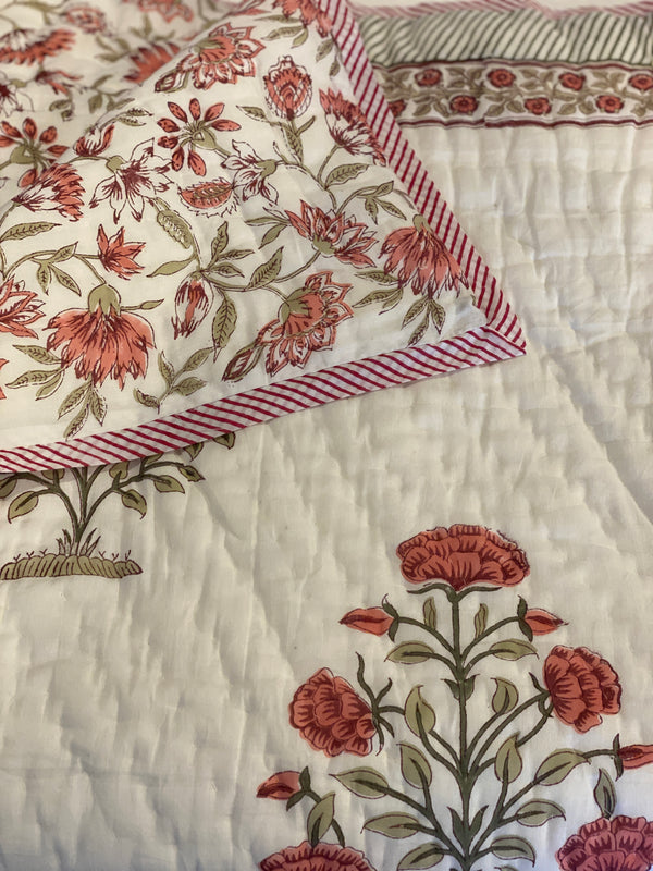 Block Printed Quilt - Pink/Sage Motif