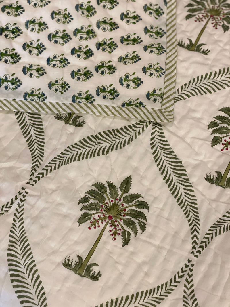 Block Printed Quilt - Green Palms