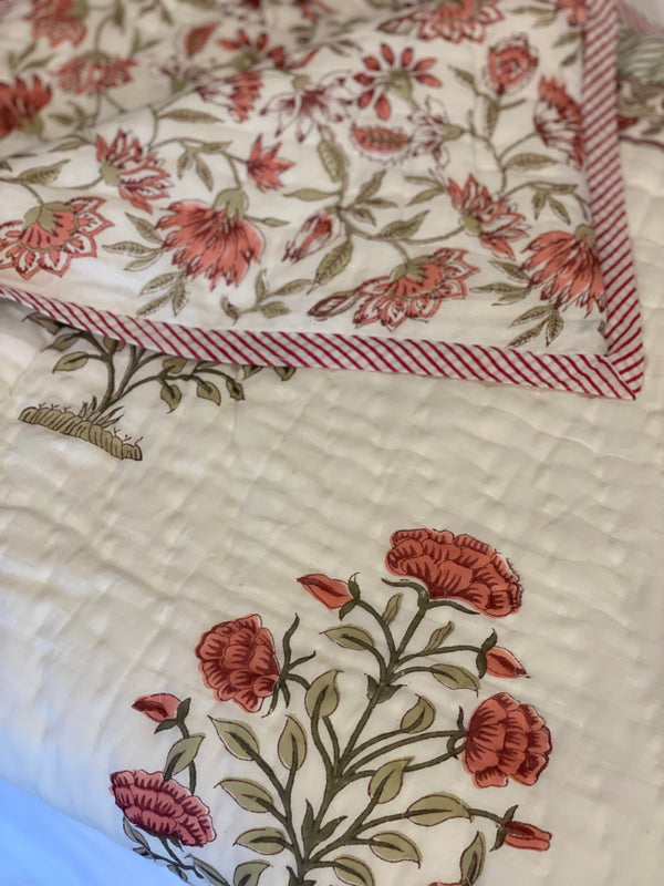 Block Printed Quilt - Pink/Sage Motif