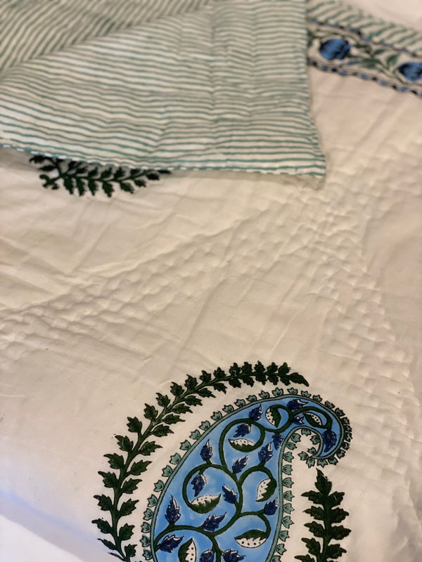 Block Printed Quilt - Blue Paisley