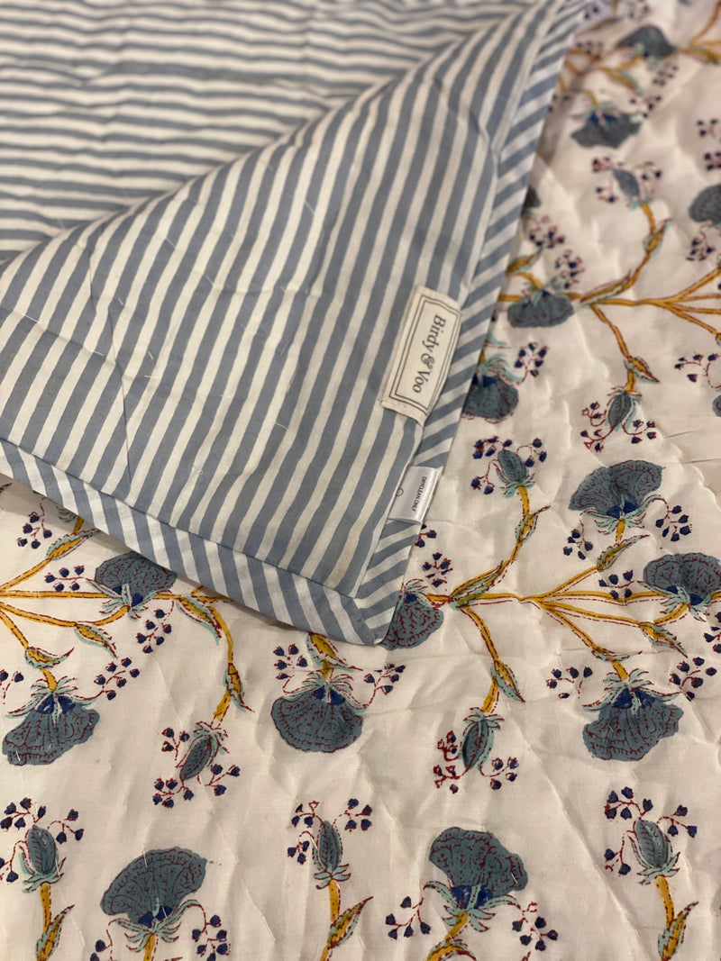 Block Printed Quilt - Blue & Mustard Floral/Stripe