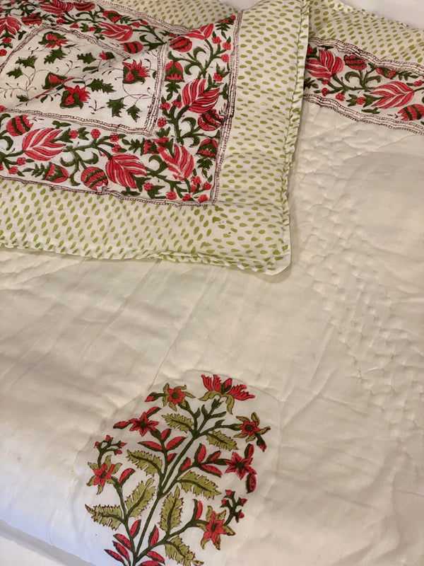 Block Printed Quilt - Pink/Green Motif