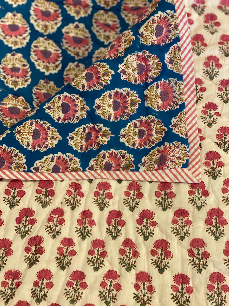 Block Printed Quilt - Pink Floral/Blue Motif