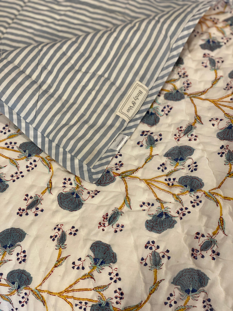 Block Printed Quilt - Blue & Mustard Floral/Stripe