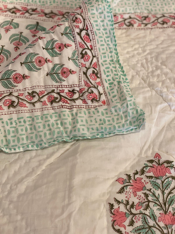 Block Printed Quilt - Pink/Mint Motif